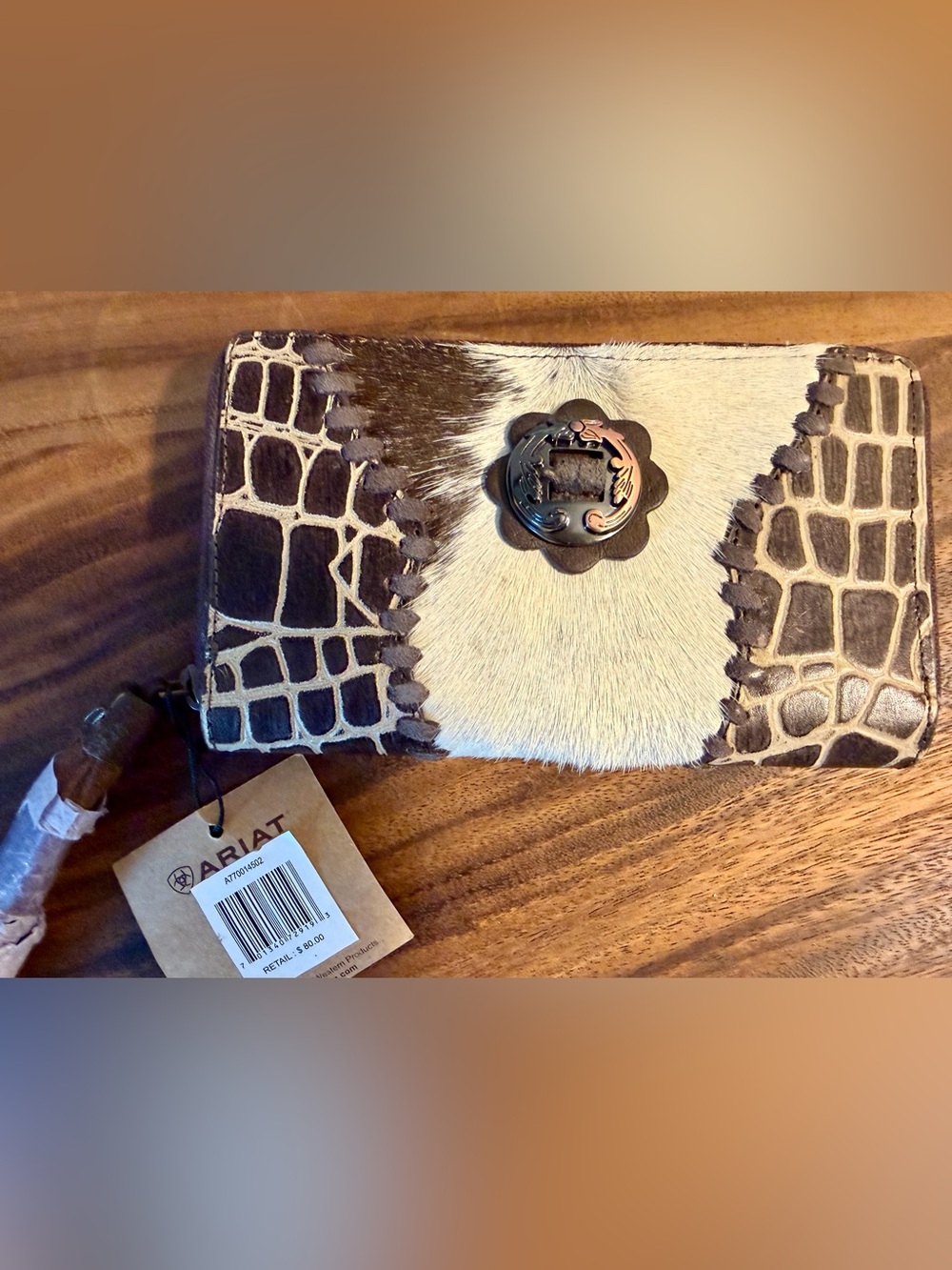 Ariat Brown and Cream Hair-On Croc-Embossed Wallet with Wristlet